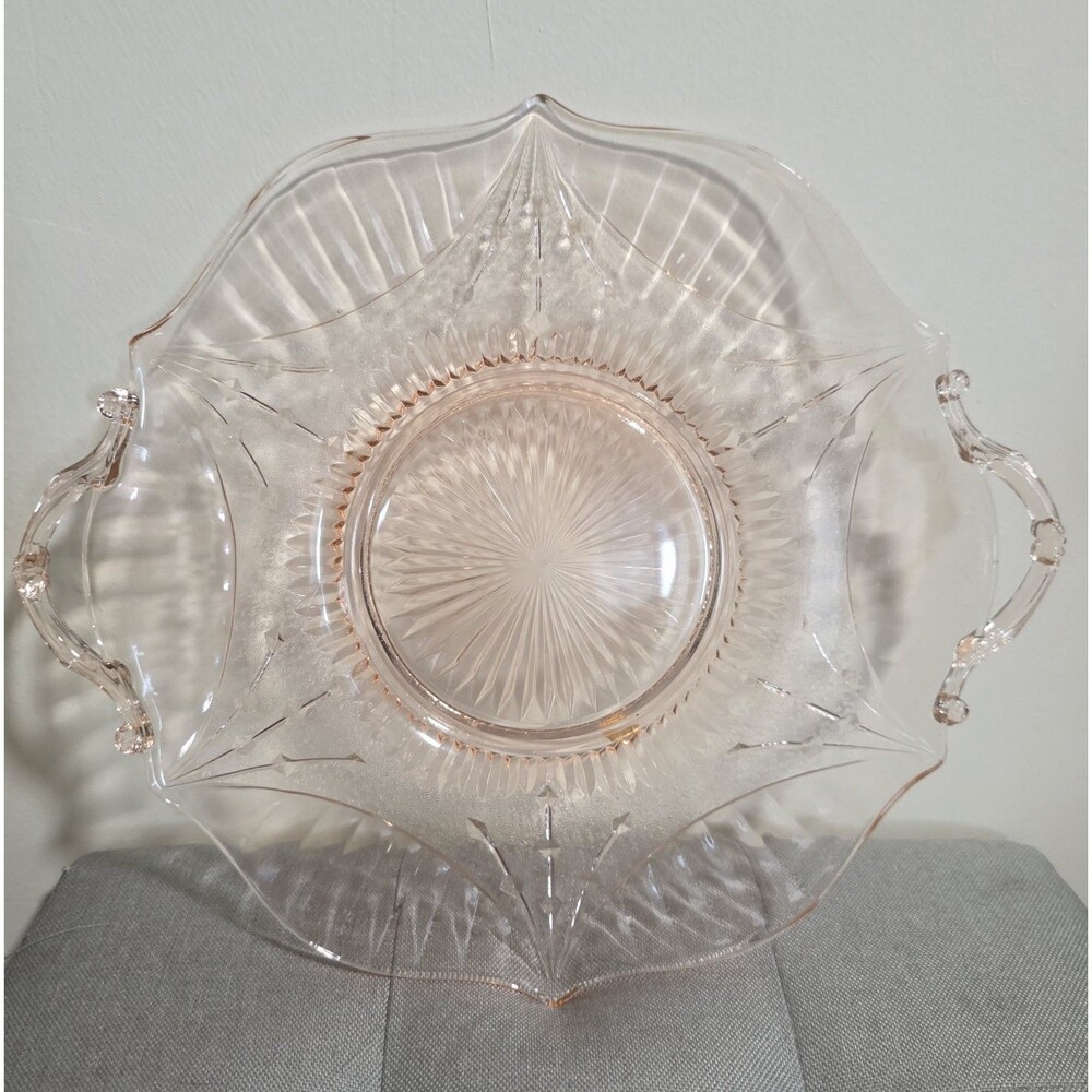 Vintage Pretty Pink Depression Glass Serving Platter Etched Dish w/Handles EuC